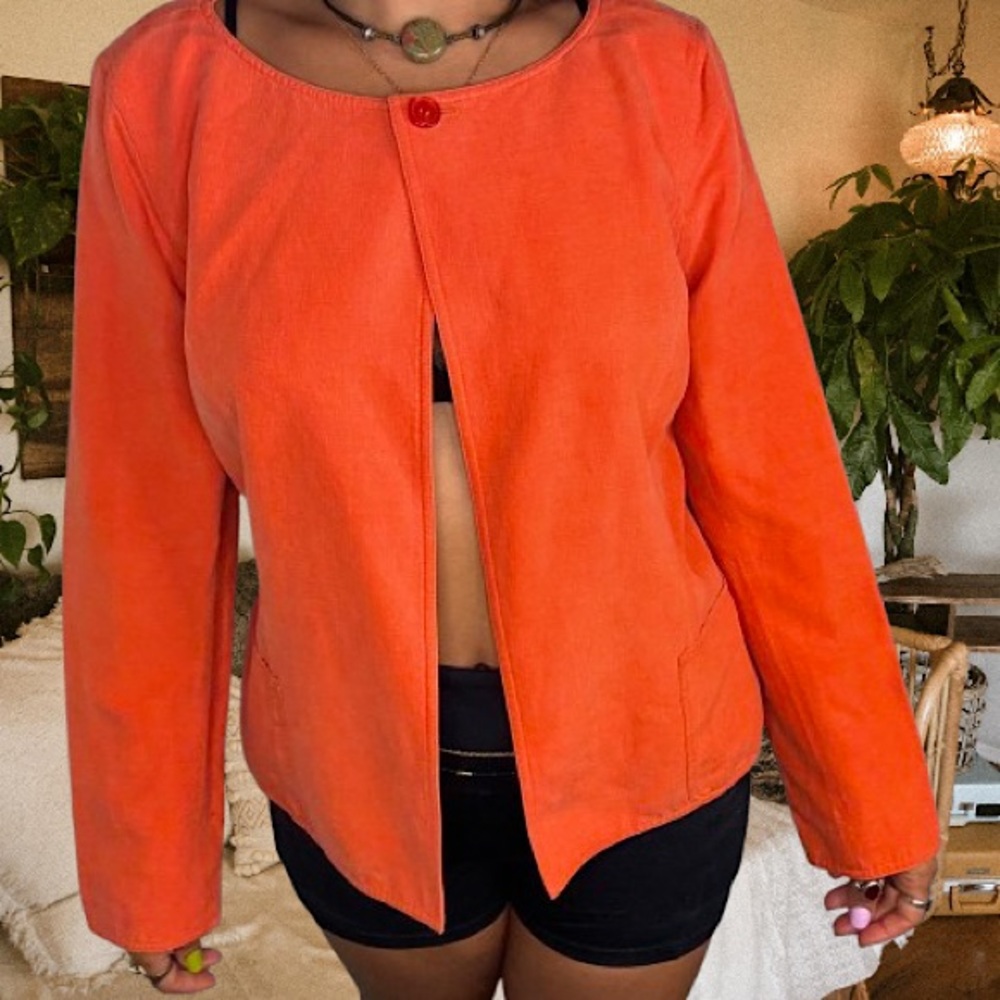 {Studio G} VTG Orange Silk-Linen Blend Open Cardigan Blazer Jacket single button